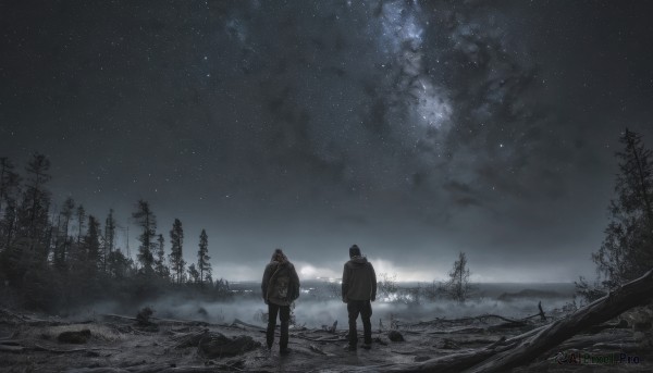 short hair,standing,jacket,male focus,outdoors,multiple boys,sky,pants,cloud,hood,2boys,bag,from behind,tree,night,backpack,star (sky),nature,night sky,scenery,snow,forest,starry sky,1boy,monochrome,water,horizon,dark,ambiguous gender,milky way