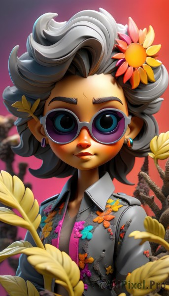 1girl,solo,looking at viewer,smile,short hair,blue eyes,shirt,black hair,hair ornament,jewelry,closed mouth,jacket,upper body,flower,grey hair,earrings,collared shirt,hair flower,dark skin,blurry,dark-skinned female,lips,makeup,floral print,sunglasses,thick eyebrows,lipstick,yellow flower,sunflower,print shirt,tinted eyewear,hawaiian shirt,white hair,multicolored hair,outdoors,open clothes,glasses,artist name,two-tone hair,depth of field,blurry background,leaf,watermark,stud earrings,leaf hair ornament,sunflower hair ornament