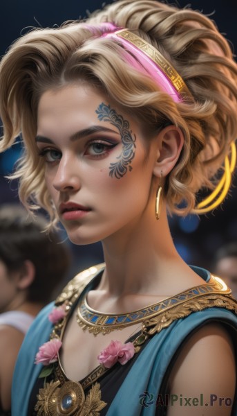 1girl,looking at viewer,short hair,blue eyes,blonde hair,dress,jewelry,closed mouth,collarbone,upper body,flower,hairband,earrings,sleeveless,solo focus,necklace,mole,blurry,lips,grey eyes,eyelashes,tattoo,makeup,depth of field,blurry background,portrait,pink flower,eyeshadow,freckles,realistic,nose,red lips,mascara,solo,eyeliner,facepaint,gold