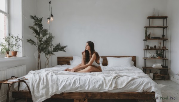 1girl,solo,long hair,breasts,black hair,bare shoulders,sitting,underwear,panties,closed eyes,barefoot,day,indoors,signature,bra,cup,pillow,window,bed,bed sheet,on bed,table,sunlight,plant,scenery,plate,realistic,potted plant,lamp,bedroom,wide shot,glasses,white panties,from side,tree,chair,underwear only,white bra,cabinet