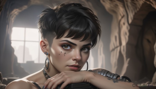 1girl,solo,looking at viewer,short hair,black hair,brown eyes,jewelry,earrings,choker,indoors,dark skin,nail polish,blurry,dark-skinned female,lips,tattoo,makeup,blurry background,piercing,ear piercing,portrait,hoop earrings,nose,very short hair,undercut,facial tattoo,cyborg,bangs,bare shoulders,upper body,mole,eyelashes,window,facial mark,sunlight,lipstick,black nails,eyeshadow,blue nails,realistic,eyeliner,facepaint,statue,mascara