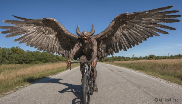 solo,looking at viewer,long sleeves,1boy,holding,standing,jacket,male focus,outdoors,wings,horns,sky,day,pants,sweater,tree,blue sky,shadow,facial hair,grass,ground vehicle,feathered wings,motor vehicle,road,riding,bird wings,bicycle,shirt,red eyes,vest,scenery,bush,horror (theme),spread wings,bicycle basket