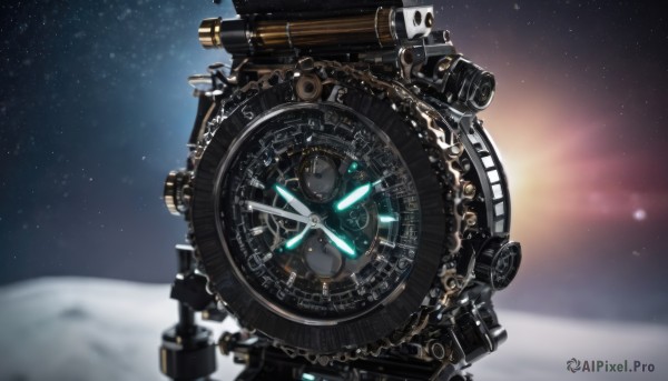 sky,blurry,no humans,night,depth of field,star (sky),scenery,starry sky,science fiction,clock,space,gears,roman numeral,telescope,robot,watch,camera,planet,pocket watch,spacecraft