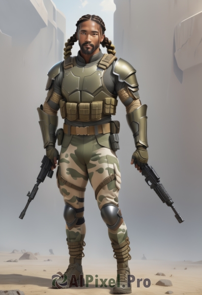 solo,brown hair,gloves,1boy,holding,brown eyes,full body,weapon,braid,male focus,boots,outdoors,sky,dark skin,fingerless gloves,holding weapon,armor,twin braids,gun,military,facial hair,dark-skinned male,holding gun,rifle,beard,assault rifle,knee pads,camouflage,desert,dreadlocks,long hair,looking at viewer,standing,pants,brown gloves,realistic,animification