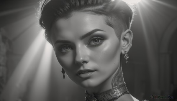 1girl,solo,looking at viewer,short hair,1boy,jewelry,closed mouth,monochrome,greyscale,earrings,choker,mole,blurry,lips,tattoo,blurry background,piercing,sunlight,portrait,freckles,realistic,nose,very short hair,undercut,neck tattoo,bangs,parted lips,teeth,artist name,eyelashes,eyebrow cut