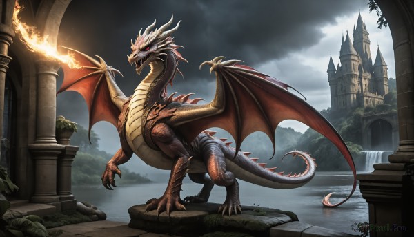 HQ,solo,open mouth,red eyes,standing,tail,outdoors,wings,horns,sky,cloud,water,tree,no humans,glowing,fangs,cloudy sky,fire,sharp teeth,scenery,claws,monster,fantasy,dragon,dragon tail,scales,ruins,pillar,castle,flame,waterfall,dragon wings,flame-tipped tail,column,breathing fire,teeth,statue