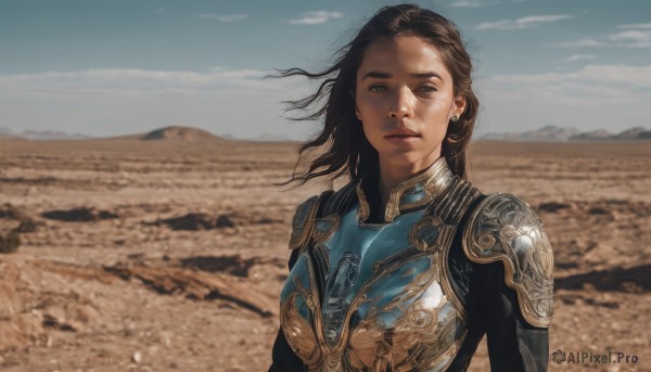 1girl,solo,long hair,looking at viewer,brown hair,black hair,brown eyes,jewelry,closed mouth,upper body,earrings,outdoors,sky,day,cloud,medium hair,armor,blurry,blue sky,lips,bodysuit,blurry background,wind,shoulder armor,pauldrons,breastplate,realistic,desert,floating hair,sand