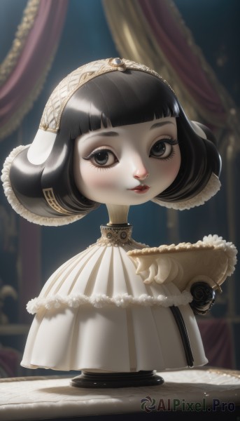 1girl,solo,looking at viewer,short hair,bangs,black hair,dress,upper body,hairband,parted lips,blunt bangs,white dress,blurry,black eyes,lips,eyelashes,makeup,blurry background,bob cut,lipstick,curtains,lace trim,lace,red lips,joints,doll joints,blush,smile,holding,jewelry,closed mouth,frills,indoors,from side,capelet,table