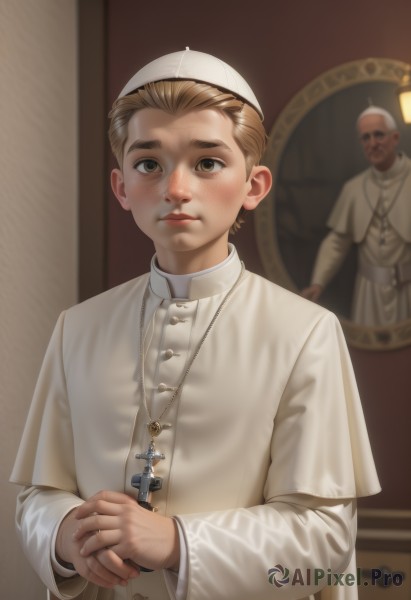 looking at viewer,blush,short hair,blonde hair,long sleeves,1boy,hat,holding,brown eyes,jewelry,closed mouth,upper body,male focus,multiple boys,solo focus,indoors,2boys,necklace,blurry,lips,white headwear,own hands together,cross,child,freckles,robe,realistic,nun,male child,cross necklace,old,old man,priest,wrinkled skin,1girl,solo,brown hair,blurry background,sunglasses,ring,very short hair,latin cross,white robe