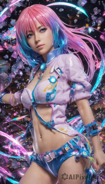 1girl,solo,long hair,breasts,looking at viewer,blue eyes,navel,cleavage,jewelry,medium breasts,blue hair,pink hair,multicolored hair,cowboy shot,shorts,midriff,belt,two-tone hair,lips,short shorts,gradient hair,realistic,nose,navel piercing,watermark,blue shorts