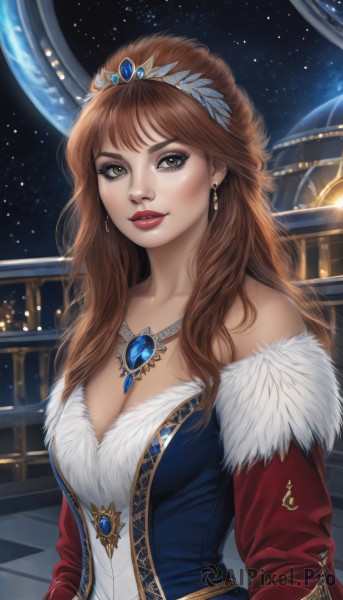 1girl,solo,long hair,breasts,looking at viewer,brown hair,dress,cleavage,bare shoulders,brown eyes,jewelry,medium breasts,upper body,earrings,parted lips,sky,necklace,off shoulder,lips,fur trim,makeup,tiara,lipstick,gem,star (sky),starry sky,red lips,space,planet,earth (planet),large breasts,blue dress,realistic