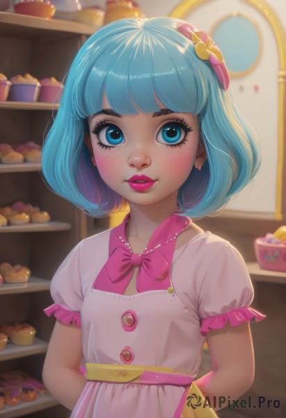 1girl,solo,looking at viewer,blush,smile,short hair,bangs,blue eyes,hair ornament,dress,bow,jewelry,blue hair,standing,collarbone,upper body,flower,short sleeves,hair bow,earrings,frills,parted lips,food,teeth,puffy sleeves,shiny,artist name,indoors,hair flower,blunt bangs,bowtie,white dress,blurry,shiny hair,puffy short sleeves,lips,eyelashes,makeup,buttons,fruit,depth of field,blurry background,watermark,looking away,arms behind back,bob cut,thick eyebrows,lipstick,pink bow,frilled sleeves,pink dress,web address,eyeshadow,freckles,pink lips,nose,red lips,stud earrings,eyeliner,shelf,jar,shop,mascara,cupcake,counter,apron,aqua hair,realistic,basket,deviantart username