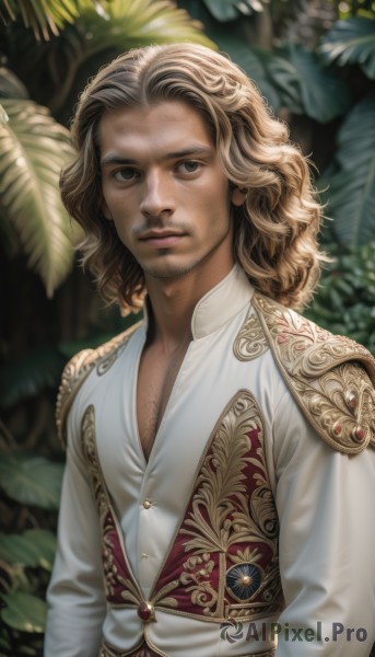 solo,long hair,looking at viewer,blonde hair,brown hair,shirt,long sleeves,1boy,brown eyes,closed mouth,white shirt,upper body,male focus,outdoors,medium hair,armor,blurry,black eyes,lips,blurry background,facial hair,leaf,plant,beard,curly hair,gold trim,realistic,nose,stubble,chest hair,jewelry,earrings,vest,freckles