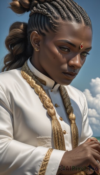 1girl,solo,long hair,looking at viewer,brown hair,shirt,black hair,long sleeves,1boy,brown eyes,jewelry,white shirt,upper body,braid,multicolored hair,earrings,outdoors,parted lips,sky,day,artist name,cloud,dark skin,mole,blurry,dark-skinned female,blue sky,lips,mole under eye,makeup,blurry background,dark-skinned male,own hands together,gem,freckles,curly hair,gold trim,robe,realistic,nose,very dark skin,dreadlocks,multiple braids,mole on cheek,closed mouth,jacket,yellow eyes,piercing,mole under mouth,forehead jewel