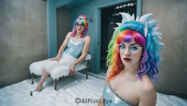 1girl,solo,long hair,breasts,looking at viewer,smile,bangs,blue eyes,hair ornament,dress,cleavage,bare shoulders,jewelry,medium breasts,sitting,blue hair,full body,pink hair,purple hair,multicolored hair,small breasts,shoes,glasses,sleeveless,indoors,necklace,nail polish,white dress,mole,bracelet,two-tone hair,lips,eyelashes,strapless,gradient hair,makeup,multiple views,chair,white footwear,lipstick,strapless dress,eyeshadow,personification,realistic,round eyewear,long dress,red lips,slippers,reference inset,red hair,sunglasses