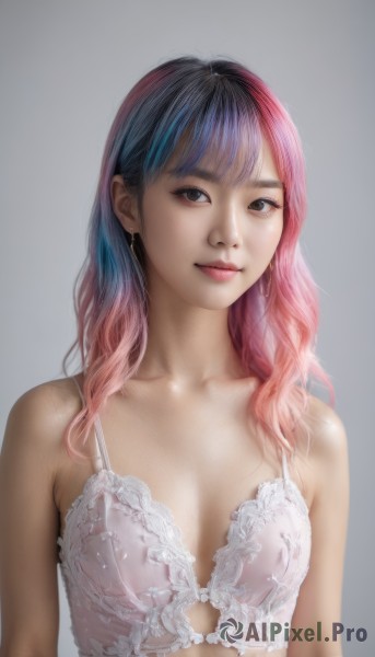 1girl,solo,long hair,breasts,looking at viewer,smile,bangs,simple background,black hair,cleavage,bare shoulders,brown eyes,jewelry,medium breasts,closed mouth,underwear,blue hair,collarbone,upper body,pink hair,multicolored hair,earrings,small breasts,grey background,bra,black eyes,two-tone hair,lips,gradient hair,makeup,underwear only,lingerie,white bra,realistic,pink bra,gradient,gradient background