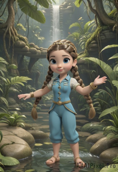 1girl,solo,long hair,looking at viewer,smile,blue eyes,brown hair,shirt,twintails,jewelry,very long hair,closed mouth,standing,full body,braid,short sleeves,outdoors,day,pants,water,vest,twin braids,bracelet,tree,toes,leaf,sandals,thick eyebrows,plant,child,nature,blue pants,female child,waterfall,lily pad,breasts,white shirt,artist name,lips,brown footwear,grass,aged down,forest,bangle,vines