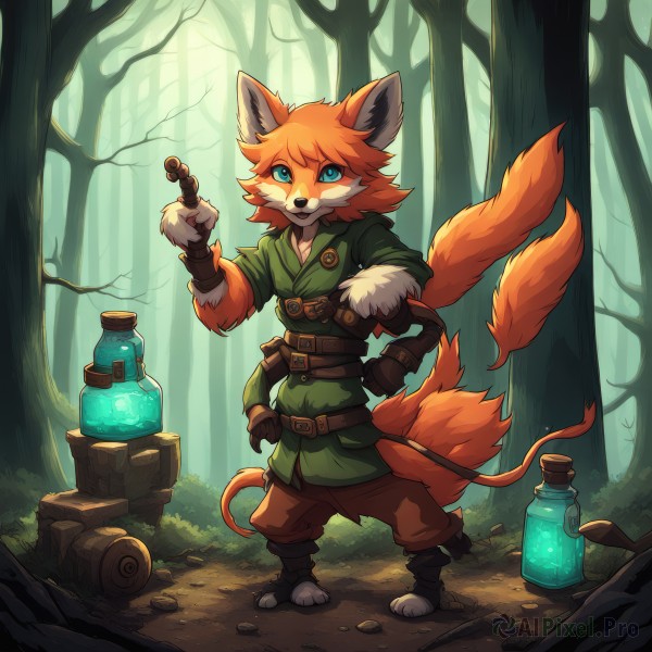 solo,looking at viewer,smile,open mouth,blue eyes,gloves,1boy,holding,animal ears,standing,tail,full body,male focus,outdoors,belt,pants,orange hair,tree,hand on hip,fox ears,fox tail,bottle,nature,furry,brown gloves,forest,rock,furry male,stick,vial,potion,jacket,weapon,barefoot,teeth,day,sword,fur trim,watermark,grass,multiple tails,green jacket,brown pants,brown fur,tree stump