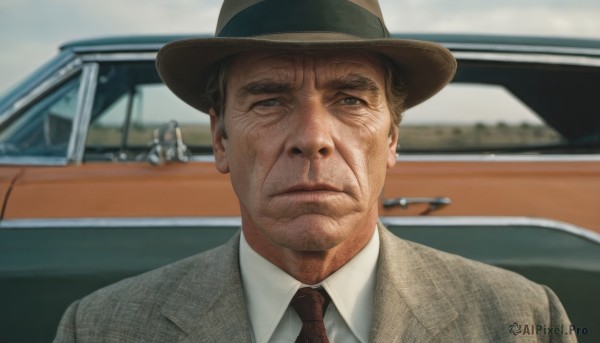 solo,looking at viewer,short hair,brown hair,shirt,black hair,1boy,hat,brown eyes,closed mouth,jacket,white shirt,upper body,male focus,outdoors,necktie,collared shirt,blurry,black eyes,depth of field,blurry background,facial hair,formal,suit,red necktie,ground vehicle,portrait,motor vehicle,meme,brown jacket,realistic,grey jacket,brown headwear,car,old,old man,brown necktie,day,frown,scar,thick eyebrows,wing collar,black necktie,scar on face,serious