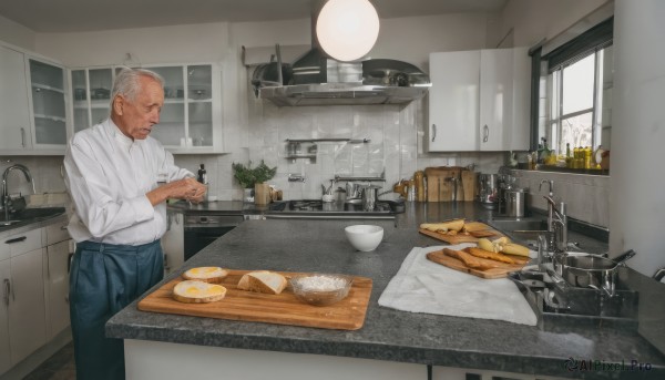 solo,short hair,shirt,long sleeves,1boy,holding,closed mouth,standing,white shirt,white hair,grey hair,male focus,food,collared shirt,pants,indoors,apron,cup,window,facial hair,knife,beard,plate,bowl,basket,bread,old,egg,old man,cooking,kitchen,frying pan,sink,egg (food),toast,fried egg,faucet,cabinet,stove,cutting board,closed eyes,table,bottle,plant,scenery,realistic,potted plant,jar,spatula,counter,wrinkled skin