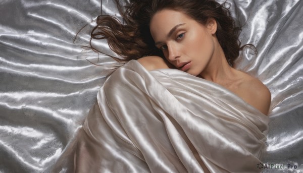 1girl,solo,long hair,looking at viewer,blue eyes,brown hair,bare shoulders,lying,parted lips,on back,lips,bed sheet,realistic,blanket,naked sheet,on side,feathers