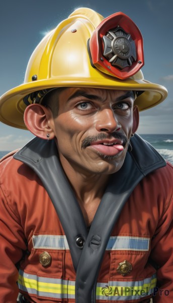 solo,looking at viewer,black hair,1boy,hat,jewelry,jacket,upper body,male focus,earrings,outdoors,parted lips,sky,teeth,day,belt,black eyes,blue sky,lips,facial hair,ocean,piercing,thick eyebrows,helmet,beard,red jacket,realistic,nose,mustache,stud earrings,yellow headwear,hardhat,short hair,blue eyes,long sleeves,tongue,tongue out,water,grey eyes,beach