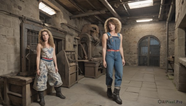 long hair,multiple girls,blonde hair,brown hair,hat,2girls,bare shoulders,standing,closed eyes,boots,sleeveless,pants,indoors,window,siblings,realistic,door,straw hat,overalls,barrel,crate,breasts,short hair,medium breasts,belt,black footwear,bare arms,table,tank top,denim,dirty,blue overalls,naked overalls