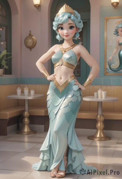 1girl,solo,breasts,looking at viewer,smile,short hair,bangs,blue eyes,skirt,navel,bare shoulders,jewelry,medium breasts,closed mouth,blue hair,standing,full body,small breasts,midriff,artist name,indoors,stomach,bracelet,lips,blue skirt,see-through,aqua hair,makeup,toes,shadow,sandals,table,tiara,monster girl,reflection,toenails,hands on hips,long skirt,mirror,clock,tiles,lamp,scales,bracer,mermaid,tile floor,shell,blush,hair ornament,necklace,nail polish,high heels,window,white footwear,thick eyebrows,plant,toenail polish,red lips,potted plant,vase