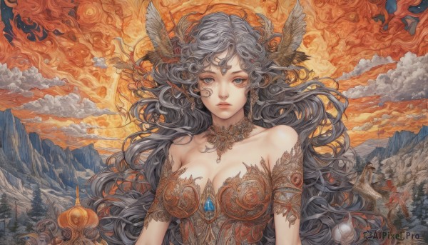 1girl,solo,long hair,breasts,looking at viewer,blue eyes,large breasts,cleavage,bare shoulders,jewelry,medium breasts,collarbone,upper body,grey hair,earrings,outdoors,wings,sky,pointy ears,cloud,necklace,tree,lips,grey eyes,bird,wavy hair,cloudy sky,fire,head wings,gem,mountain,fantasy,hair ornament,feathers