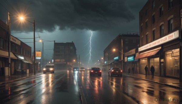 outdoors,multiple boys,sky,cloud,water,no humans,window,night,cloudy sky,ground vehicle,building,scenery,motor vehicle,reflection,rain,city,sign,electricity,car,light,road,cityscape,power lines,lamppost,street,utility pole,lightning,shop,lights,people,crosswalk,silhouette,dark,road sign,puddle,traffic light,vanishing point