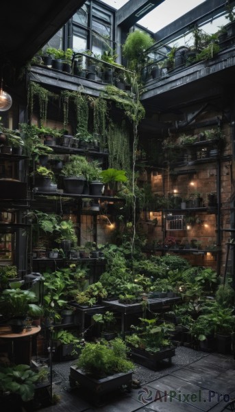 indoors,no humans,window,chair,table,plant,scenery,stairs,tiles,potted plant,tile floor,ruins,vines,shelf,ceiling,moss,ceiling light,cafe,overgrown,artist name,tree,lamp