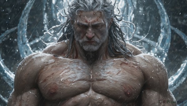 solo,long hair,looking at viewer,1boy,closed mouth,nipples,upper body,white hair,grey hair,male focus,nude,water,wet,blood,muscular,facial hair,scar,abs,thick eyebrows,pectorals,muscular male,bara,facing viewer,tentacles,beard,scar on face,large pectorals,rain,veins,topless male,injury,blood on face,mature male,realistic,mustache,scar across eye,manly,old,chest hair,old man,cuts,scar on chest,wrinkled skin,closed eyes,blurry,blurry background,water drop,wet hair