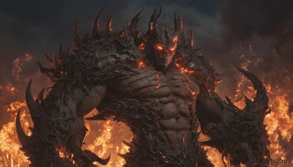 solo,looking at viewer,open mouth,red eyes,1boy,upper body,male focus,horns,teeth,armor,orange eyes,no humans,muscular,glowing,abs,fire,sharp teeth,muscular male,glowing eyes,claws,spikes,monster,scales,demon,embers,shoulder armor,veins,demon boy,molten rock