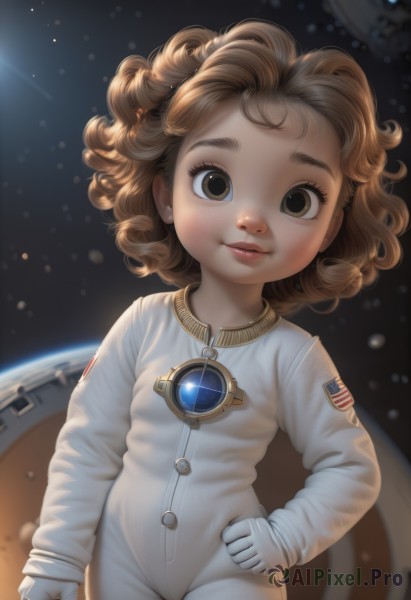 1girl,solo,looking at viewer,smile,short hair,brown hair,gloves,brown eyes,closed mouth,cowboy shot,white gloves,medium hair,lips,hand on hip,child,star (sky),freckles,curly hair,realistic,female child,space,planet,earth (planet),american flag,spacecraft,spacesuit,astronaut,artist name,bodysuit,backlighting,nose,white bodysuit