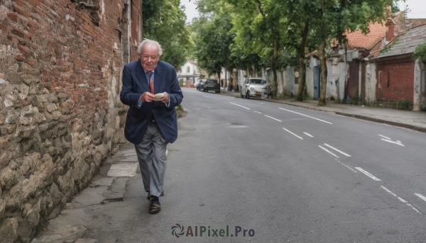 solo,looking at viewer,smile,short hair,shirt,long sleeves,1boy,standing,jacket,full body,white hair,grey hair,male focus,outdoors,necktie,shoes,glasses,day,collared shirt,pants,tree,facial hair,brown footwear,formal,suit,blue shirt,blue jacket,red necktie,ground vehicle,building,scenery,motor vehicle,walking,watch,realistic,mustache,car,wristwatch,road,grey pants,house,old,old man,street,photo background,wrinkled skin,closed mouth,white shirt,parody,blue pants,sidewalk