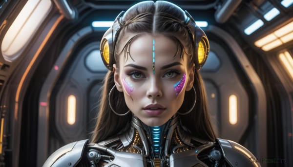 HQ,1girl,solo,long hair,looking at viewer,brown hair,black hair,brown eyes,jewelry,upper body,earrings,parted lips,blurry,lips,bodysuit,makeup,headgear,facial mark,lipstick,portrait,forehead,eyeshadow,science fiction,hoop earrings,realistic,nose,cyborg,hair pulled back,cyberpunk,green eyes,eyelashes,close-up,cable,facepaint