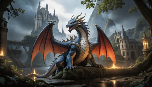 HQ,open mouth,red eyes,tail,outdoors,wings,horns,sky,teeth,cloud,water,tree,no humans,night,fangs,cloudy sky,fire,sharp teeth,nature,scenery,claws,forest,mountain,fantasy,dragon,scales,castle,tower,dragon wings,solo,sitting,moon,ruins,river,flame,breathing fire