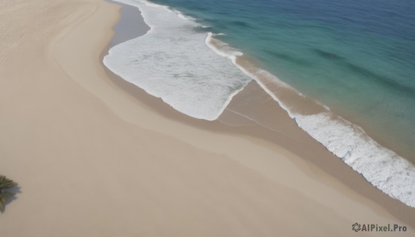 1girl,solo,outdoors,sky,day,water,no humans,ocean,beach,scenery,sand,horizon,waves,shore,desert,footprints,shadow,from above