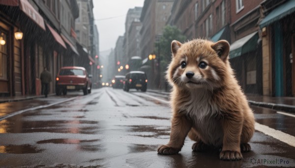 blue eyes,outdoors,day,blurry,no humans,window,animal,ground vehicle,building,scenery,motor vehicle,rain,city,realistic,car,road,animal focus,lamppost,street,whiskers,traffic light,crosswalk,bus,looking at viewer,standing,sky,solo focus,blurry background