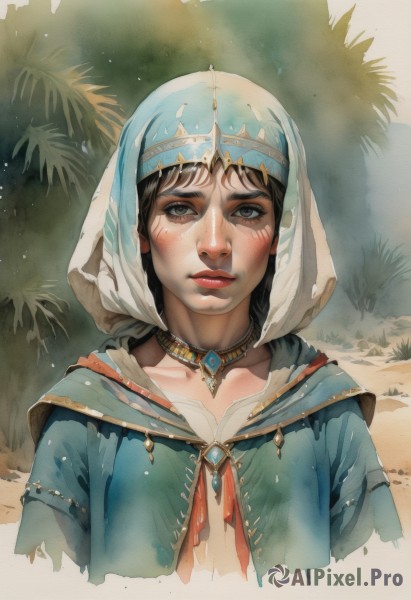 1girl,solo,looking at viewer,blush,bangs,brown hair,brown eyes,jewelry,closed mouth,collarbone,upper body,outdoors,parted lips,artist name,hood,necklace,lips,grey eyes,plant,gem,portrait,veil,hood up,freckles,realistic,nose,dirty,short hair,black hair,dress,headdress,head scarf