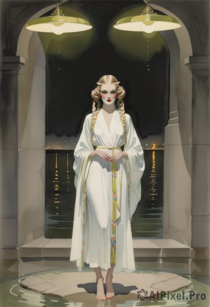 1girl,solo,long hair,looking at viewer,blonde hair,brown hair,hair ornament,long sleeves,dress,closed mouth,standing,full body,braid,sky,barefoot,indoors,wide sleeves,water,nail polish,white dress,black eyes,twin braids,makeup,night,own hands together,lipstick,pale skin,red nails,eyeshadow,reflection,toenails,robe,toenail polish,red lips,ripples,pillar,white robe,breasts,blush,smile,multicolored hair,horns,two-tone hair,lips,gradient hair,toes,stairs