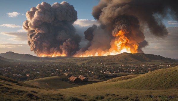 outdoors,sky,day,cloud,blue sky,no humans,cloudy sky,fire,building,scenery,smoke,mountain,city,explosion,landscape,burning,destruction