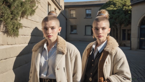 looking at viewer,multiple girls,blonde hair,brown hair,shirt,2girls,brown eyes,jewelry,closed mouth,jacket,white shirt,upper body,ponytail,earrings,outdoors,day,collared shirt,belt,vest,tree,lips,coat,fur trim,window,buttons,shadow,single hair bun,blue shirt,building,hoop earrings,realistic,hands in pockets,bald,old,wrinkled skin,short hair,necklace,makeup,lipstick,sisters,house,topknot