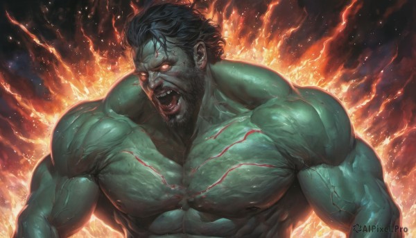 solo,looking at viewer,short hair,open mouth,black hair,red eyes,1boy,nipples,upper body,male focus,teeth,blood,muscular,glowing,colored skin,facial hair,fangs,scar,abs,fire,pectorals,muscular male,bara,glowing eyes,beard,scar on face,large pectorals,veins,topless male,mature male,green skin,manly,biceps,scar on chest,veiny arms,nude,tongue,artist name,thick eyebrows,angry,sideburns,blood on face,thick arms