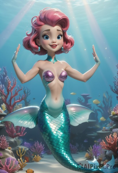 1girl,solo,breasts,looking at viewer,blush,smile,short hair,blue eyes,navel,bare shoulders,jewelry,collarbone,swimsuit,full body,pink hair,red hair,earrings,small breasts,parted lips,teeth,artist name,signature,lips,hands up,makeup,ocean,watermark,sunlight,thick eyebrows,lipstick,monster girl,gem,fish,bubble,light rays,rock,underwater,red lips,scales,mermaid,shell,starfish,fins,coral,shell bikini,day,water,stomach,sparkle,detached collar,web address,curly hair,glint,air bubble,sunbeam,submerged