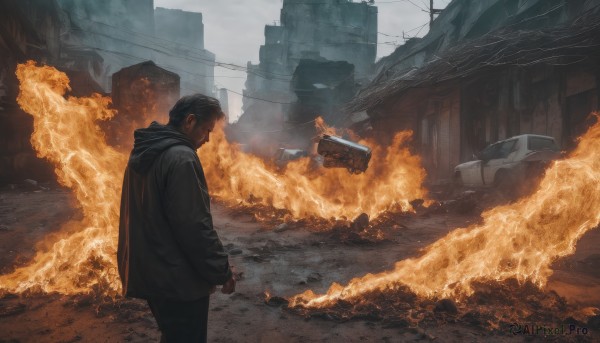 solo,short hair,black hair,long sleeves,1boy,standing,jacket,male focus,outdoors,sky,pants,cloud,hood,from side,black jacket,hoodie,black pants,hood down,fire,ground vehicle,building,scenery,hooded jacket,motor vehicle,smoke,city,car,road,explosion,ruins,power lines,utility pole,debris,grey sky,burning,destruction,rubble,truck,water,from behind,profile,cloudy sky,realistic,house,street