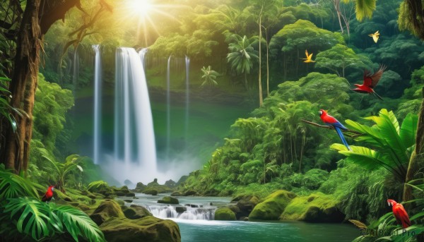 1boy,outdoors,water,tree,no humans,bird,animal,sunlight,bug,plant,nature,scenery,forest,flying,light rays,sunbeam,river,waterfall,parrot,day,leaf,fantasy,landscape,moss