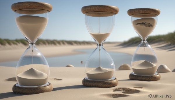 outdoors,sky,day,water,blurry,blue sky,no humans,blurry background,shadow,beach,scenery,rock,sand,still life,desert,cloud,tree,depth of field,ocean,reflection,horizon,hourglass