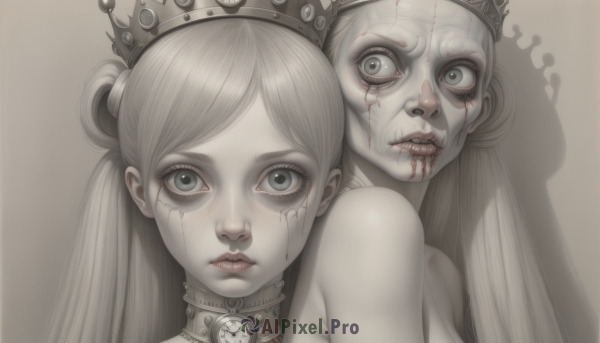 long hair,looking at viewer,multiple girls,2girls,twintails,closed mouth,monochrome,upper body,nude,parted lips,tears,collar,lips,grey eyes,eyelashes,blood,shadow,crown,portrait,wide-eyed,blood on face,realistic,horror (theme),blood from eyes,bangs,blue eyes,blonde hair,greyscale,parted bangs,pale skin,spikes,spiked collar