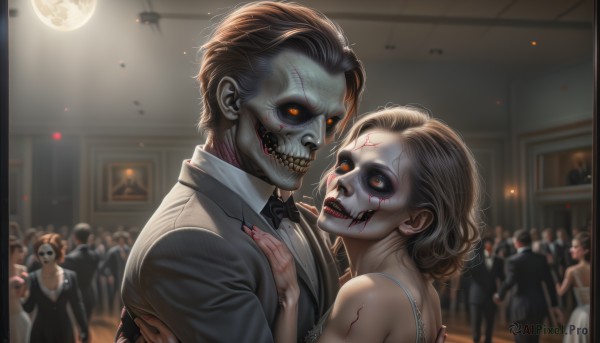 1girl,smile,short hair,multiple girls,blonde hair,brown hair,shirt,black hair,red eyes,1boy,dress,bow,yellow eyes,hetero,multiple boys,teeth,indoors,bowtie,blurry,looking at another,orange eyes,blood,black bow,makeup,mask,glowing,formal,suit,couple,lipstick,glowing eyes,colored sclera,black bowtie,red lips,vampire,dancing,zombie,traditional bowtie,horror (theme),tuxedo,open mouth,necktie,hug,night,facial mark,moon,pale skin,veins,skull,facepaint,stitches,grey skin,skeleton,undead